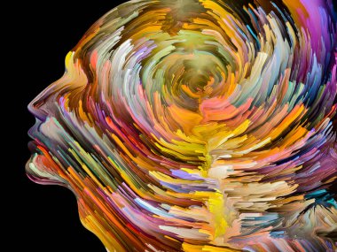 Rahatsız edici Düşünceler serisi. İnsan yüzü siluetinin içinde hareket halindeki kalın boya. İç dünya, zihin, psikoloji, depresyon, anksiyete, zihinsel hastalık, yaratıcılık ve soyut sanat konularındaki sanat çalışmaları.