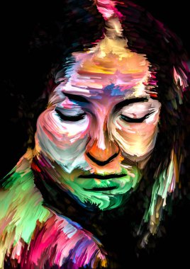 Renk serisi insanları. Yaratıcılık, hayal gücü ve sanat konularında genç bir kadının renkli portresi.