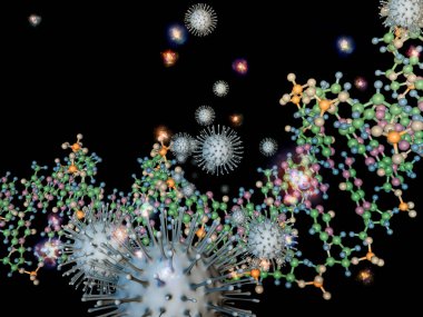Coronavirus Mantığı. Viral Salgın Serisi. Virüs, salgın, enfeksiyon, hastalık ve sağlık teması üzerine 3 boyutlu Coronavirus parçacıkları ve mikro uzay elementleri