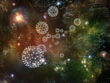 Coronavirus Evreni. Viral Salgın Serisi. Virüs, salgın, enfeksiyon, hastalık ve sağlık konularında çalışmalar için 3 boyutlu Coronavirus parçacıkları ve mikro uzay elementleri