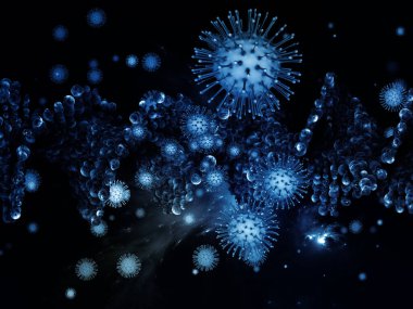 Coronavirus Mikro Dünyası. Viral Salgın Serisi. Coronavirus parçacıkları ve mikro uzay elementlerinin virüs, salgın hastalık, enfeksiyon, hastalık ve sağlık için 3D çizimi