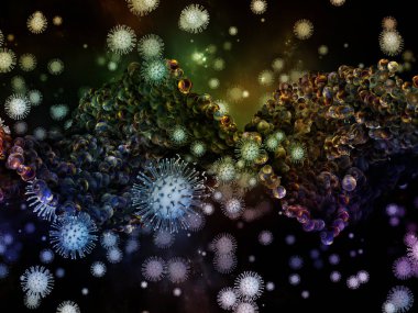 Coronavirus Mantığı. Viral Salgın Serisi. Coronavirus parçacıkları ve mikro uzay elementlerinin virüs, salgın, enfeksiyon, hastalık ve sağlık teması üzerine 3D Illustration