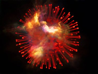 Kırmızı Coronavirus virüsü parçacığı ve üç boyutlu soyut elementlerin viral cisimler ve mikro ortam veya bağışıklık sistemi ile etkileşimi üzerine 3 boyutlu yorumlanması
