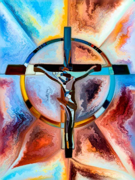 光の破片だ ステンドグラスシリーズのクロス キリストと自然の十字架刑の断片化された一体性に関連する概念上の有機的な教会の窓の色パターンのイメージ — ストック写真