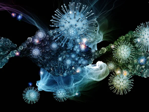 ウイルス粒子の相互作用の3Dレンダリングとコロナウイルス 感染症 生物学と医療の主題に関する抽象的な細胞要素 — ストック写真