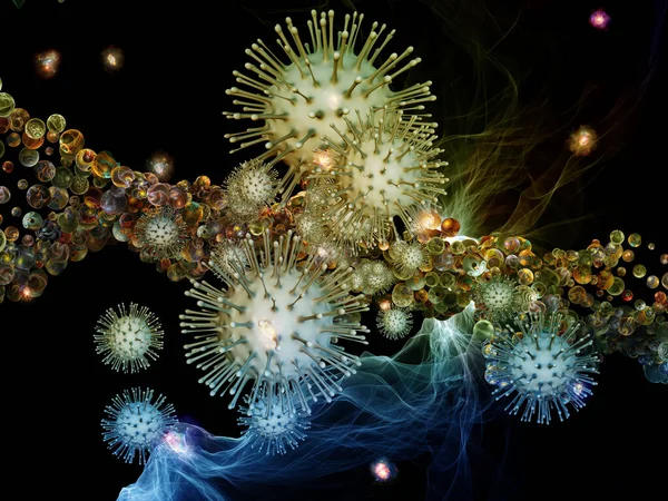 Representación Interacción Partículas Virales Elementos Microscópicos Abstractos Sobre Tema Coronavirus — Foto de Stock