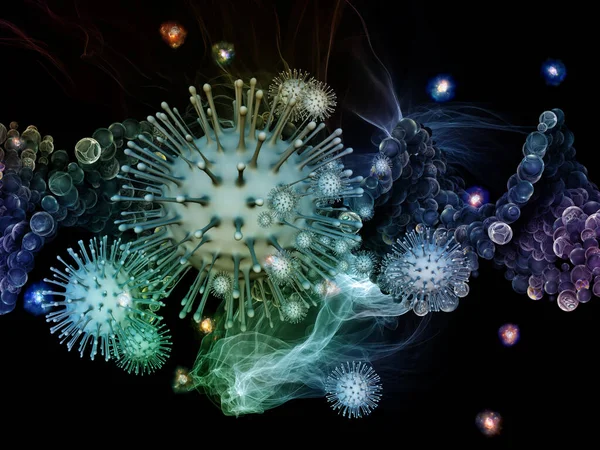 ウイルス粒子の相互作用の3Dレンダリングとコロナウイルス 感染症 生物学と医療の主題に関する抽象的な顕微鏡要素 — ストック写真