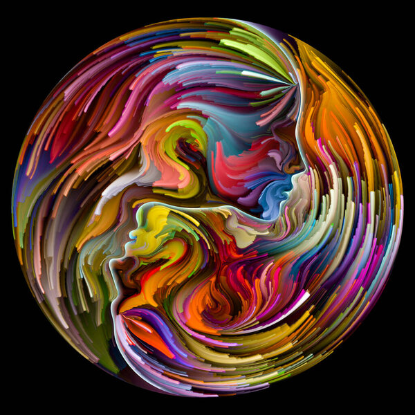 "Soul Mates". Нечеткие мужские, женские черты лица соединились в символ формы инь-янь с мазками цифровой краски. Иллюстрация на тему любви, романтики, искусства и сил в природе.