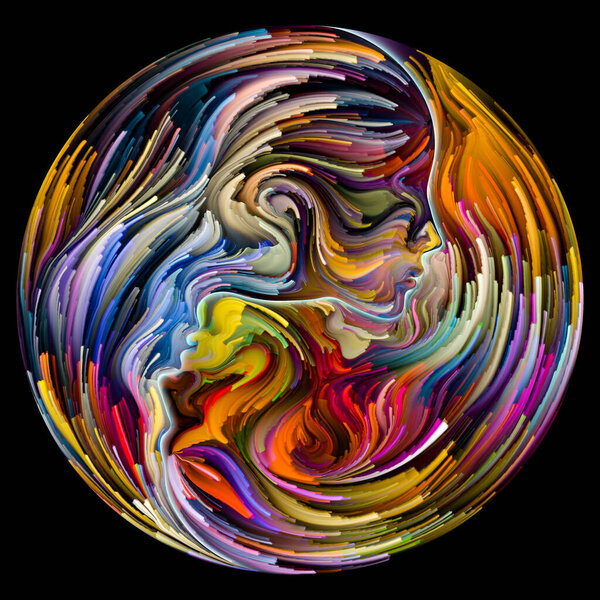 "Soul Mates". Нечеткие мужские, женские черты лица соединились в символ формы инь-янь с мазками цифровой краски. Иллюстрация на тему любви, романтики, искусства и сил в природе.