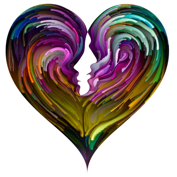 Soul Mates series. Male and female face silhouettes integrated into heart shape symbol with brushstrokes of digital paint. Illustration on subject of love, romance,  marriage and family.