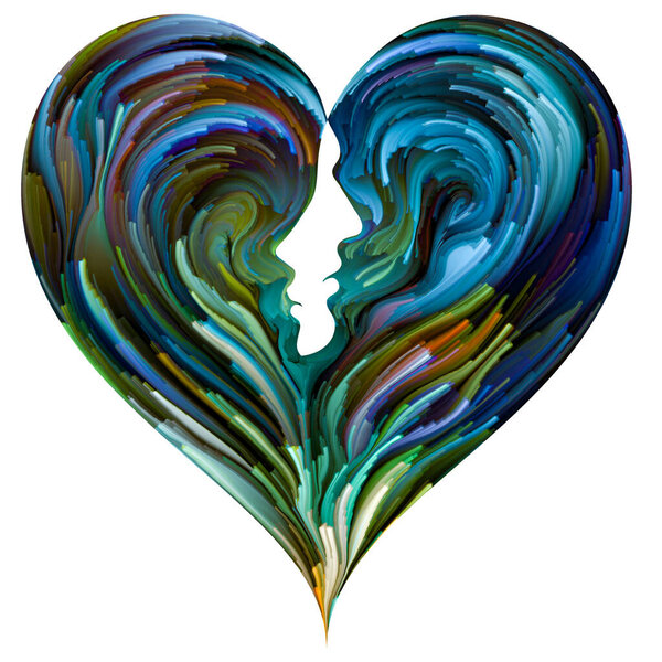 "Soul Mates". Силуэты мужского и женского лица, интегрированные в символ формы сердца с мазками кисти цифровой краски. Иллюстрация на тему любви, романтики, брака и семьи
.