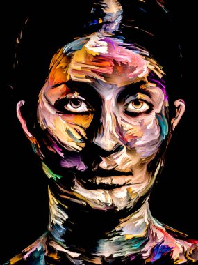 Parlak Bayan. Yüz boyama serisi. Yaratıcılık, hayal gücü, resim ve görsel sanatlar konusu için siyah tuval üzerinde genç bir kadının renkli portresinin kompozisyonu