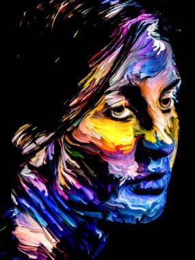 Canlı bir kadın. Yüz boyama serisi. Yaratıcılık, hayal gücü, resim ve görsel sanat teması üzerine siyah tuval üzerinde genç bir kadının renkli portresinin düzenlenmesi