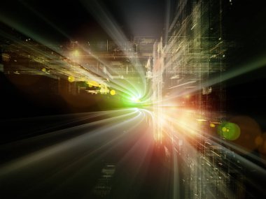 Uzay perspektifinde ışık izleri ve üç boyutlu geometri yapısı. Teknoloji, bilim, eğitim ve araştırma konusunda illüstrasyon.