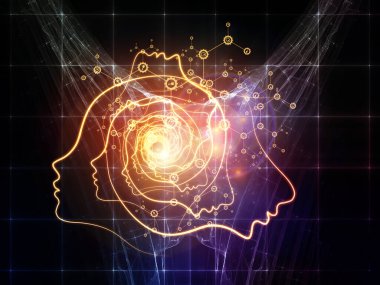 Zihin Bilimleri serisinden. İnsan siluetinden yapılmış spiral yüz çizgisi ve bilinç, akıl, yapay zeka ve teknoloji konularındaki soyut elementlerden yapılmış.