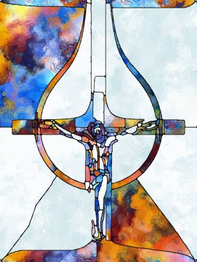 Kırık Işık. Lekeli Camların Haçı serisi. İsa ve Doğa 'nın çarmıha gerilmesinin parçalanmış birliği projeleri için arka plan görevi görecek organik kilise pencere deseninden yapılmış tasarım.