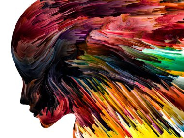 Rahatsız edici Düşünceler serisi. İnsan yüzü siluetinde hareketli renkli boya. İç dünya, zihin, psikoloji, depresyon, anksiyete, zihinsel hastalık, yaratıcılık ve soyut sanat konularındaki sanat çalışmaları.