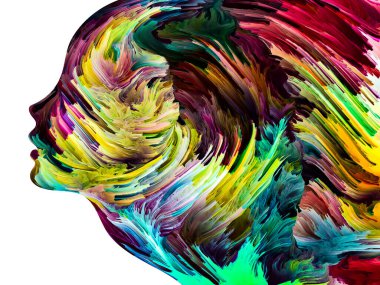 Rahatsız edici Düşünceler serisi. İnsan yüzü siluetinde desenli boya hareket halinde. İç dünya, zihin, psikoloji, depresyon, anksiyete, zihinsel hastalık, yaratıcılık ve soyut sanat konularındaki sanat çalışmaları.