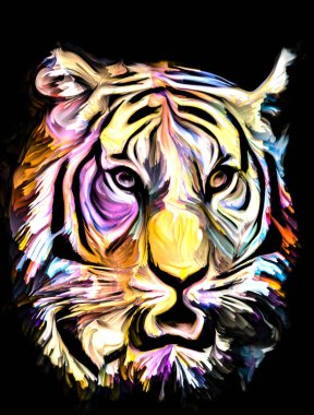 Hayvan boyası serisi. Hayal gücü, yaratıcılık ve soyut sanat üzerine renkli resimlerle kaplan portresi.