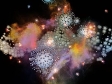 Coronavirus Araştırma. Viral Salgın Serisi. Virüs, salgın, enfeksiyon, hastalık ve sağlık konularındaki projeler için 3 boyutlu Coronavirus parçacıkları ve mikro uzay elementleri