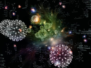 Coronavirus Evreni. Viral Salgın Serisi. Virüs, salgın, enfeksiyon, hastalık ve sağlık konularında çalışmalar için 3 boyutlu Coronavirus parçacıkları ve mikro uzay elementleri