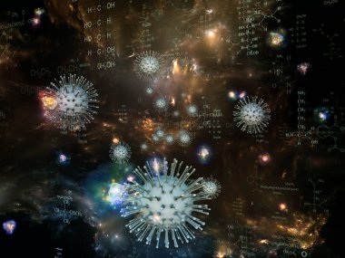 Coronavirus Boşluğu. Viral Salgın Serisi. Virüs, salgın, enfeksiyon, hastalık ve sağlık konularındaki projeler için 3 boyutlu Coronavirus parçacıkları ve mikro uzay elementleri
