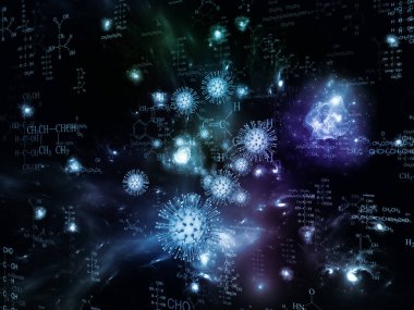 Coronavirus Kimya. Viral Salgın Serisi. Virüs, salgın, enfeksiyon, hastalık ve sağlık konularındaki 3 boyutlu Coronavirüs parçacıkları ve mikro uzay elementleri