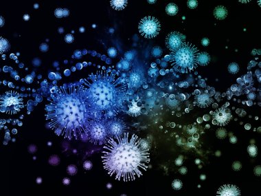 Coronavirus Evreni. Viral Salgın Serisi. Virüs, salgın, enfeksiyon, hastalık ve sağlık konularında 3 boyutlu Coronavirus parçacıkları ve mikro uzay elementleri