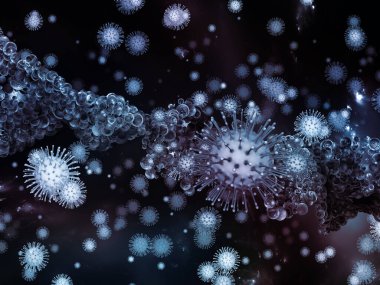 Coronavirus Gerçekliği. Viral Salgın Serisi. Koronavirüs parçacıkları ve mikro uzay elementlerinin virüs, salgın hastalık, enfeksiyon, hastalık ve sağlıkla ilişkili 3D çizimi