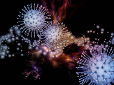 Coronavirus Kimya. Viral Salgın Serisi. Coronavirus parçacıkları ve mikro uzay elementlerinin virüs, salgın, enfeksiyon, hastalık ve sağlık projeleri için uygun 3D Illustration