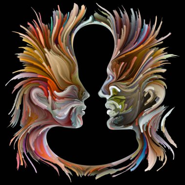 Duygusal Palet serisi. Aramızda mesafe var. Hayal gücü, yaratıcılık ve iç dünya konularında kadın ve erkek siluetlerinin canlı renklerinin soyut tablosu.