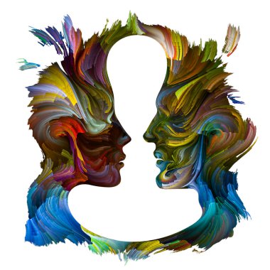 Duygusal Palet serisi. Aramızda mesafe var. Hayal gücü, yaratıcılık ve iç dünya konularında kadın ve erkek siluetlerinin canlı renklerinin soyut tablosu.