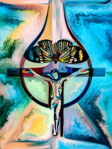 信仰的结构 玻璃杯系列交叉系列 基督与自然钉十字架分裂统一工程有机教会窗彩图案的创造性安排 — 图库照片