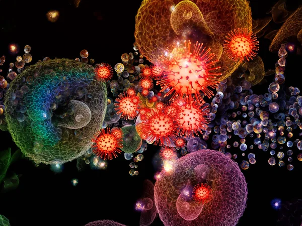 ウイルスシリーズ 抽象的な細胞環境での赤いコロナウイルス粒子 Covid パンデミック 研究の主題に関する3Dイラスト — ストック写真