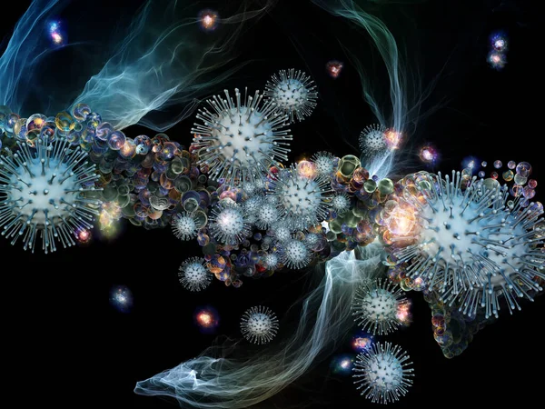 病毒粒子与抽象微量元素在珊瑚病毒 流行病 生物学和医疗保健等问题上相互作用的三维呈现 — 图库照片