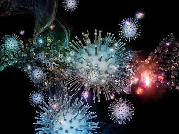 Renderowanie Interakcji Cząstek Wirusowych Abstrakcyjnych Mikroskopijnych Elementów Temat Koronawirusu Infekcji — Zdjęcie stockowe