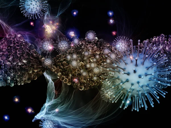 Rendering Interplay Viral Particles Abstract Microscopic Elements Subject Coronavirus Infection — Stock Photo, Image