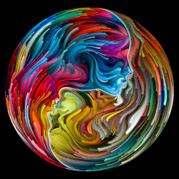 "Soul Mates". Нечеткие мужские, женские черты лица соединились в символ формы инь-янь с мазками цифровой краски. Иллюстрация на тему любви, романтики, искусства и сил в природе.