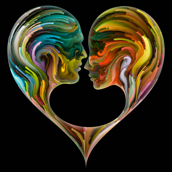 "Soul Mates". Мужские, женские и эмбриональные контуры соединились в символ формы сердца с мазками цифровой краски. Иллюстрация на тему любви, родительства, брака и семьи.