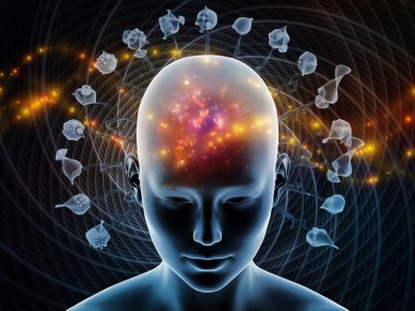 3d İllüstrasyon. Mind Halo serisi. Düşünme, beyin aktivitesi, yapay zeka, zihinsel kaynaklar ve iç dünya konusunda soyut unsurlar yayılan arka plana karşı cesur insan kafası.