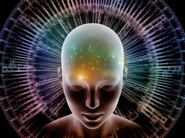 Düşünce Enerjisi serisi. İnsan kafası ve soyut fraktal yapılar insan zihninin işleyişini gösteren yapılardır..