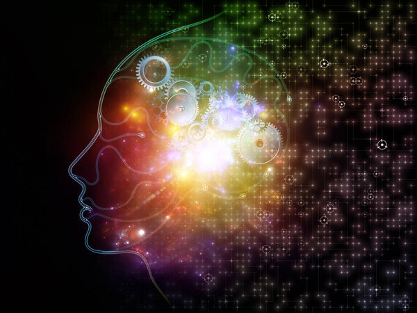 Light of artificial logic series. Background of human face outline and digital elements on the subject of mind, technology and consciousness