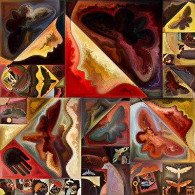 İç şifreleme serisi. Gizli anlamlar, kutsal yaşam, drama, şiir, mistisizm ve sanat konularındaki soyut organik formlar, sanat dokuları ve renklerin kolajı.