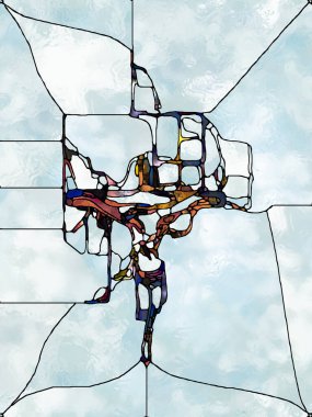 Işık kırıntıları. Lekeli Camların Haçı serisi. İsa ve Doğa 'nın çarmıha gerilmesinin parçalanmış birliği için organik kilise pencere desenlerinin yaratıcı düzenlenmesi