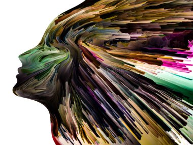 Sade arka planda izole edilmiş insan profilleri ve içinde çok renkli boya izleri var. Yaratıcılık, hayal gücü ve sanat konusunda.