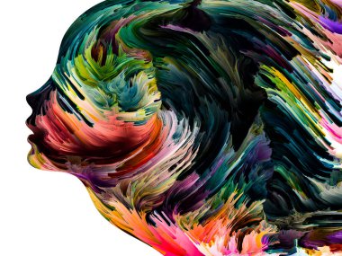 Rahatsız edici Düşünceler serisi. İnsan yüzü siluetinde desenli boya hareket halinde. İç dünya, zihin, psikoloji, depresyon, anksiyete, zihinsel hastalık, yaratıcılık ve soyut sanat konularındaki sanat çalışmaları.