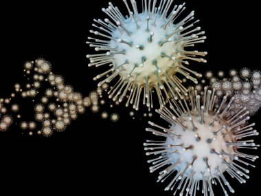 Coronavirus Evreni. Viral Salgın Serisi. Virüs, salgın, enfeksiyon, hastalık ve sağlık konularında 3 boyutlu Coronavirus parçacıkları ve mikro uzay elementleri