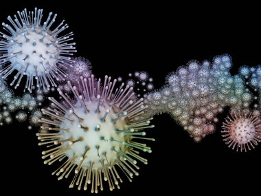 Virüs Mantığı. Viral Salgın Serisi. Coronavirus parçacıkları ve virüs, salgın, enfeksiyon, hastalık ve sağlıkla ilgili mikro uzay elementlerinin 3D Illustration 'ı