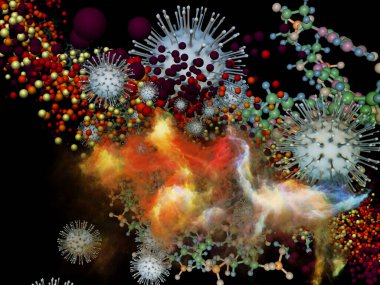 Viral cisimler ve mikro ortam veya bağışıklık sisteminin etkileşimi konusunda üç boyutlu Coronavirus virüsü parçacıklarının ve üç boyutlu soyut elementlerin üç boyutlu oluşturulması