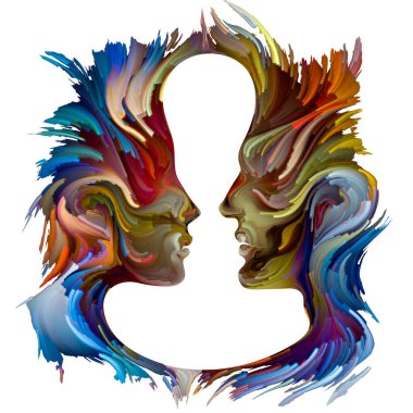 Duygusal Palet serisi. Aramızda mesafe var. Hayal gücü, yaratıcılık ve iç dünya konularında kadın ve erkek siluetlerinin canlı renklerinin soyut tablosu.